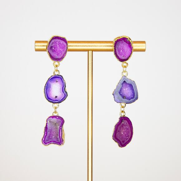 Hot Pink Dangle Earrings Geode Earrings Gold Plated Handmade - Picture 1 of 2